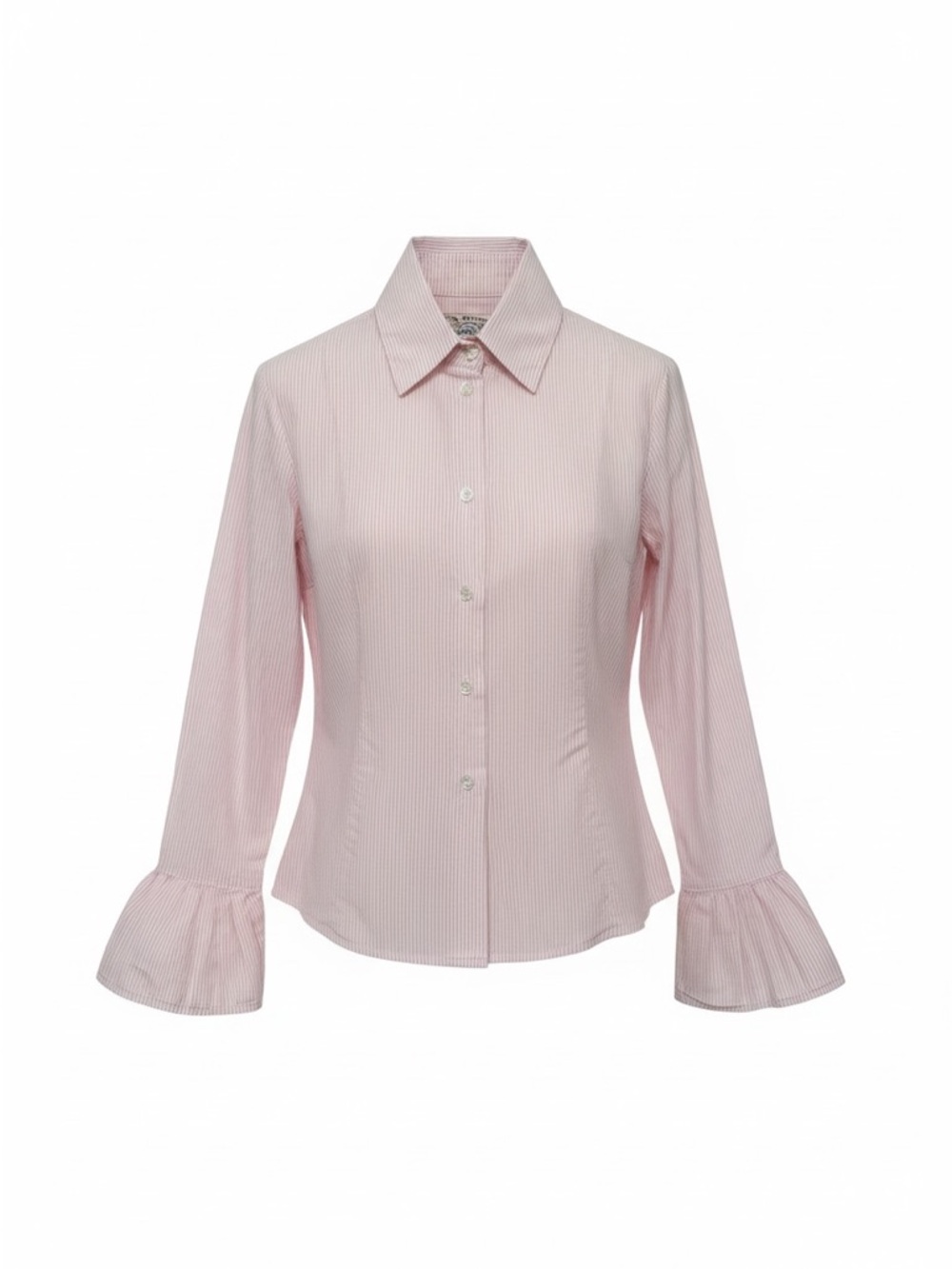 BELL | Ruffled Bell Sleeve Button Down in Pink/White Stripe, Size 6